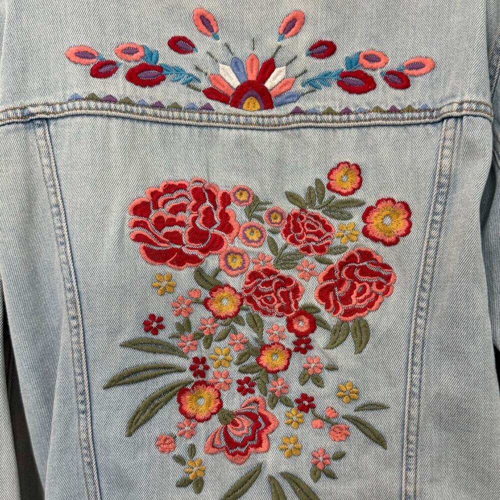 Forever 21 Blue Denim Pink Orange Floral Embroidered Distressed Jean Jacket sz M - Picture 10 of 11